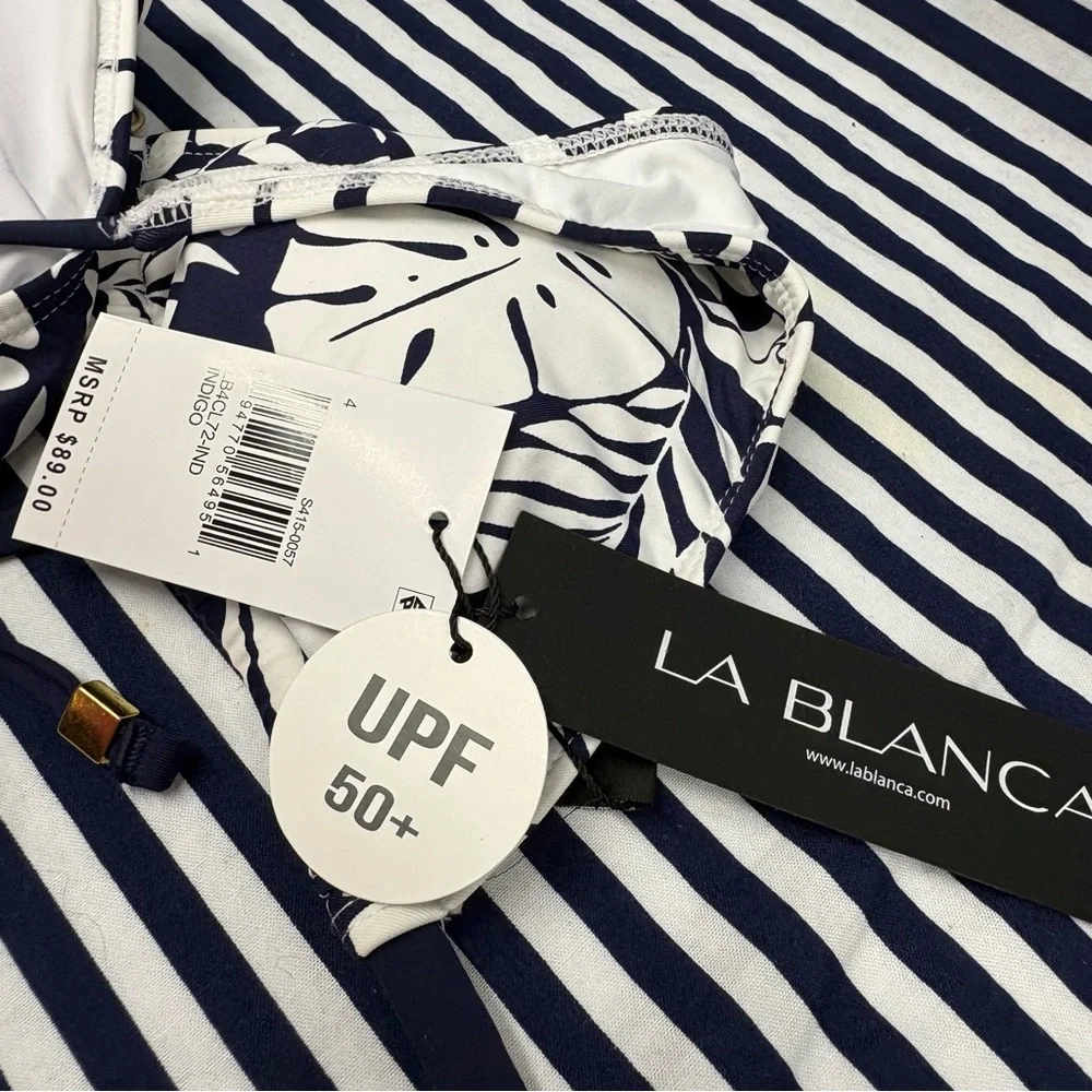LA BLANCA Navy White Leaf Print Bikini Top Size 4 - Picture 9 of 10